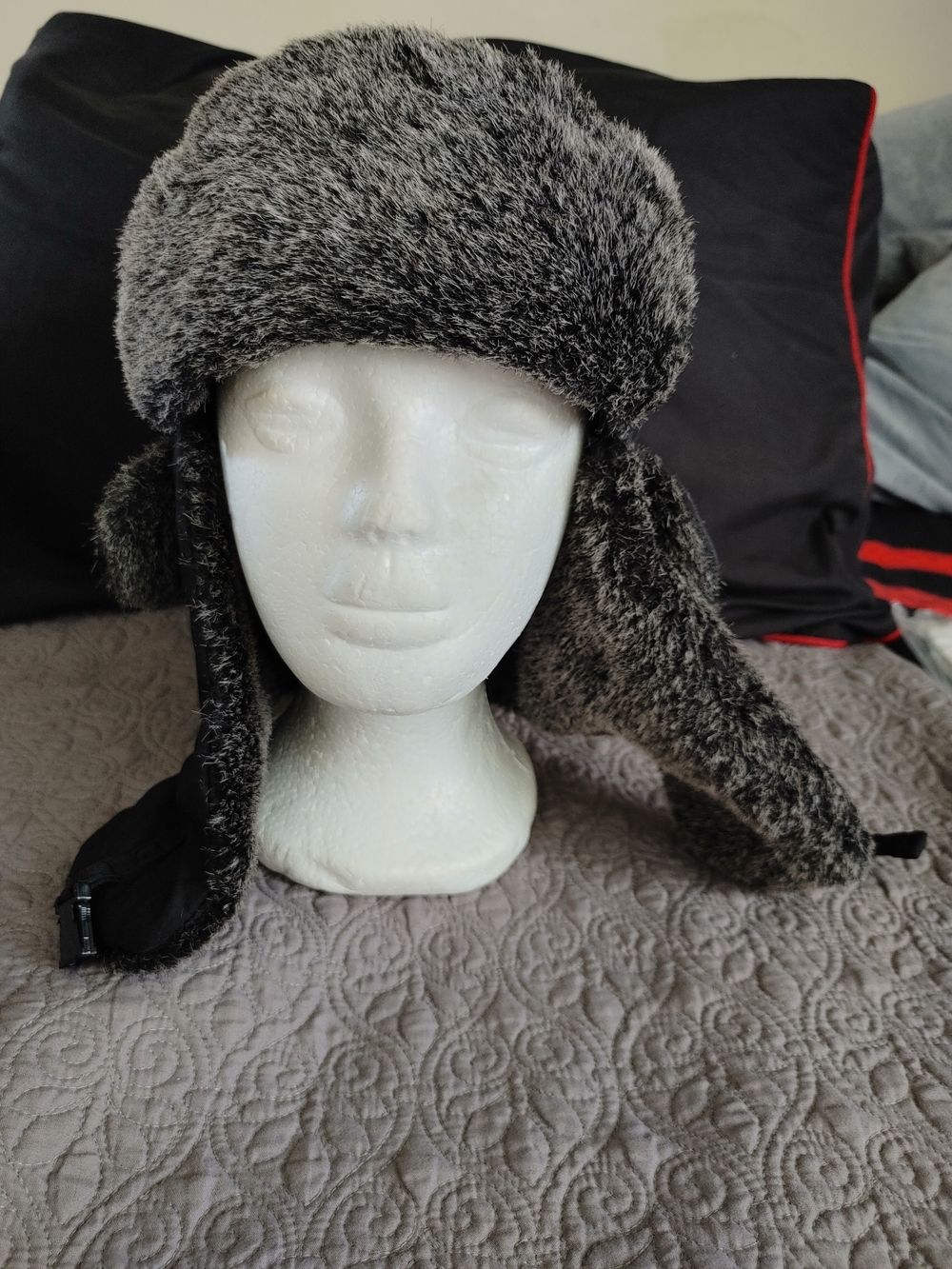 Faux Fur Trapper Hat in Grey and Black